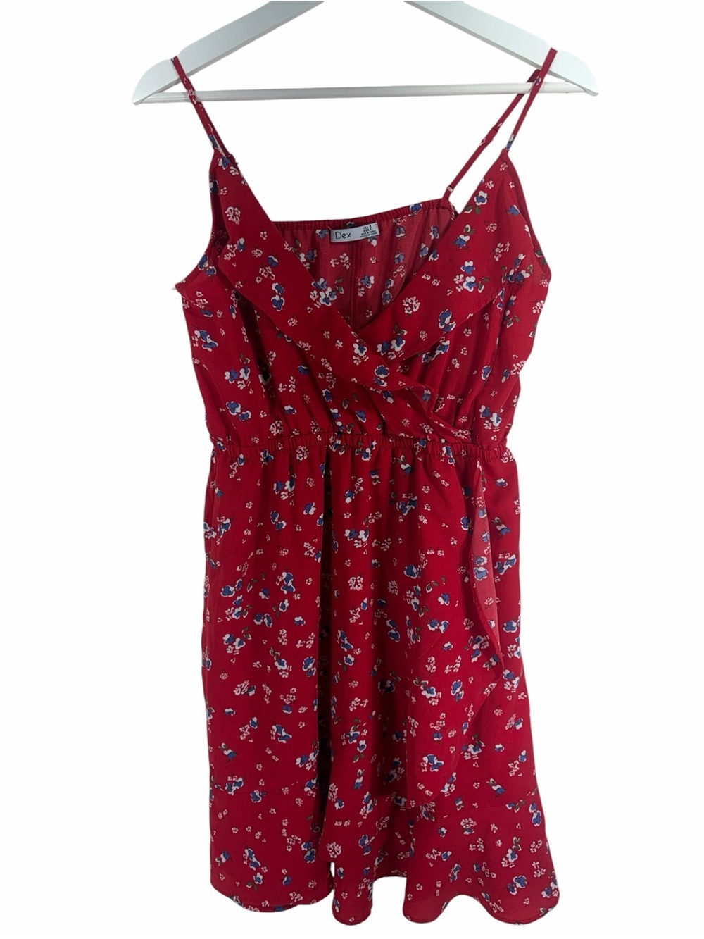 Dex Red Floral Spaghetti-Strap Dress with Blue and White Accents size small - Picture 3 of 13